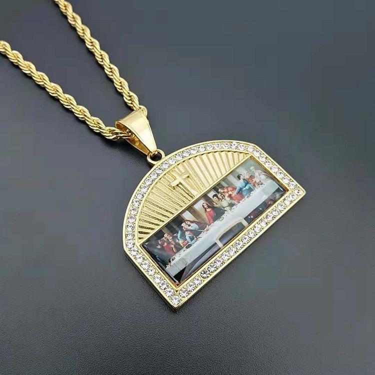 New, Hip Hop, Necklace, Gold Plated Diamonds The Last Supper Oil Painting