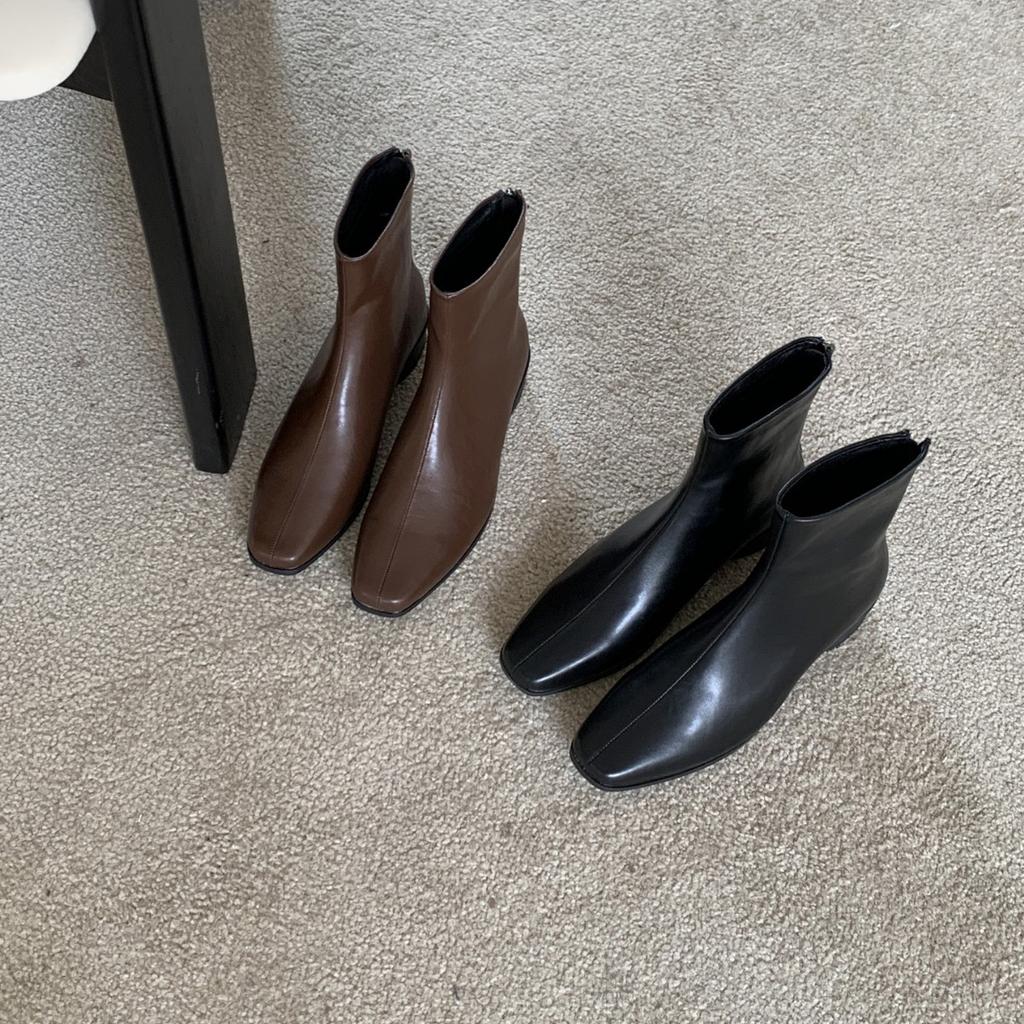 Original thick heel French British style retro brown square head short boots, thin women's boots, new autumn and winter models