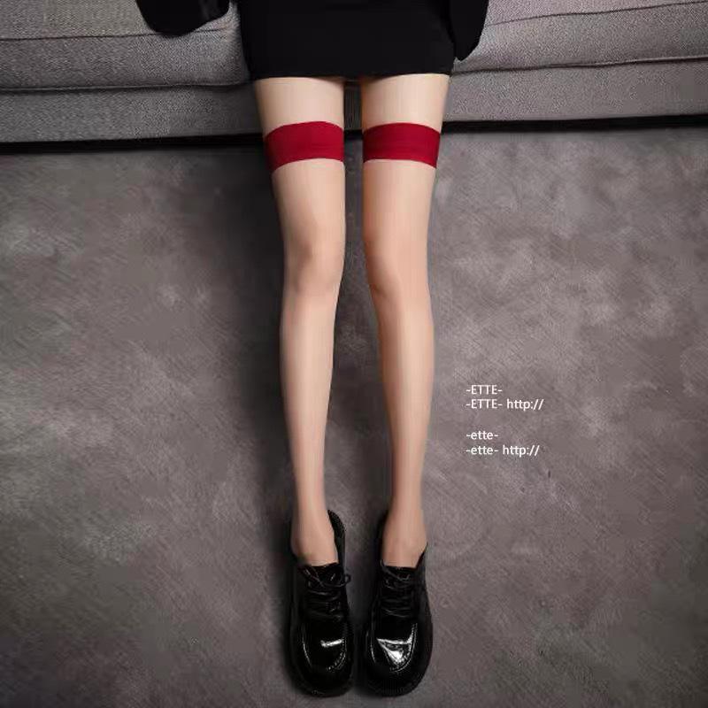 Женские черные чулки выше колена с красной отделкой - Нескользящие, прозрачный шелк 0D
