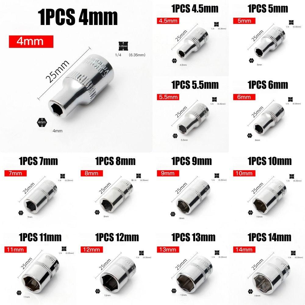 1Pcs Hand Tool Metric Key Sleeve 1/4" 6.35mm Head Drive Socket New Hex Short Socket