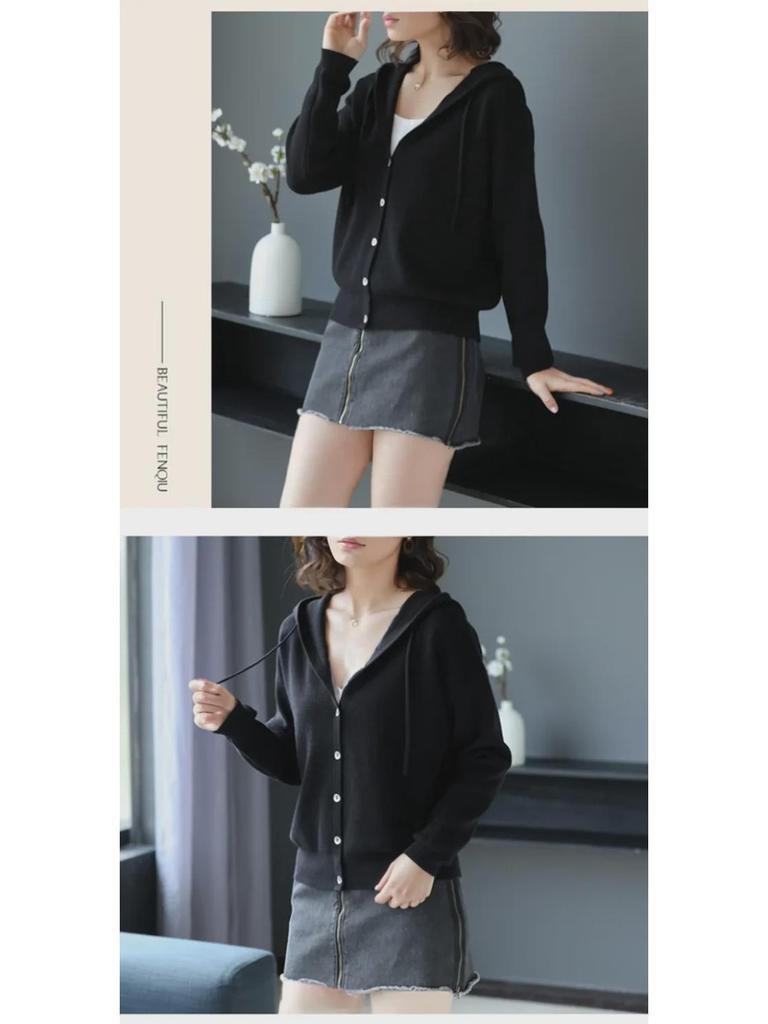 Женский вязаный кардиган с капюшоном — короткий и свободный для ранней весны/осени 2024 г.