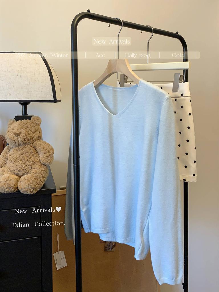 Повседневный темпераментный воротник свободный трикотажный свитер с длинным рукавом женский осенний новый тонкий легкий профессиональный стиль внутренний топ