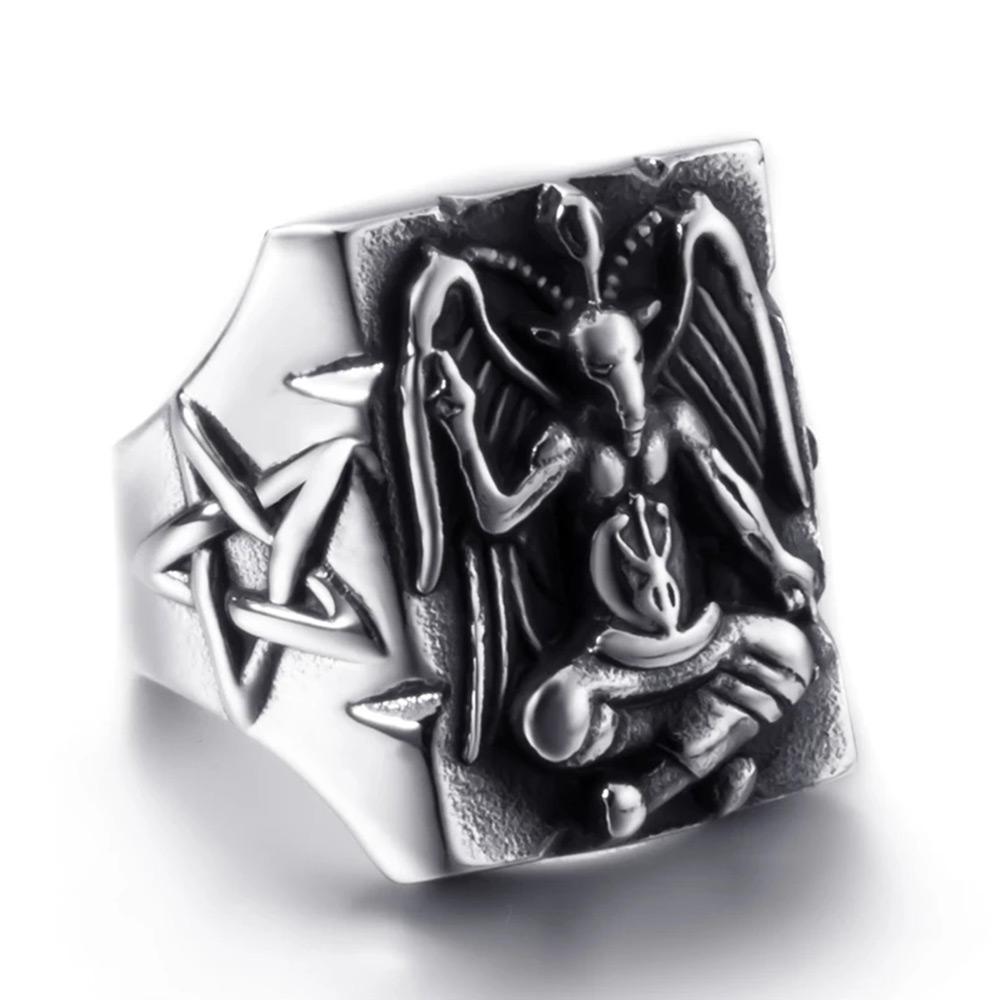 Gothic Vintage Stainless Steel Baphomet Ring Seal of Sata Pentagram Sigil Statement Rings for Men Women Fashion Biker Jewelry