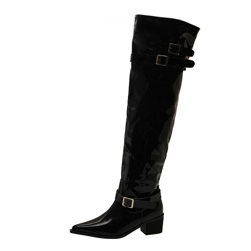 Массивные женские высокие сапоги из кожи с острым носком на среднем каблуке, модные дизайнерские туфли-лодочки с пряжкой 2025 года, готические зимние ботинки длиной до колена