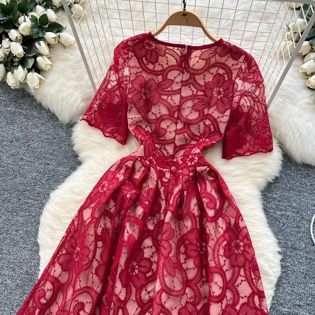 Летние женские элегантные платья с круглым вырезом и коротким рукавом, кружевные вышитые цветочные вечерние платья