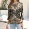 Trendy Vintage 3/4 Sleeve Top For Women,Ladies Casual Three Quarter Sleeve Round Collar Printed T-Shirt Blouse