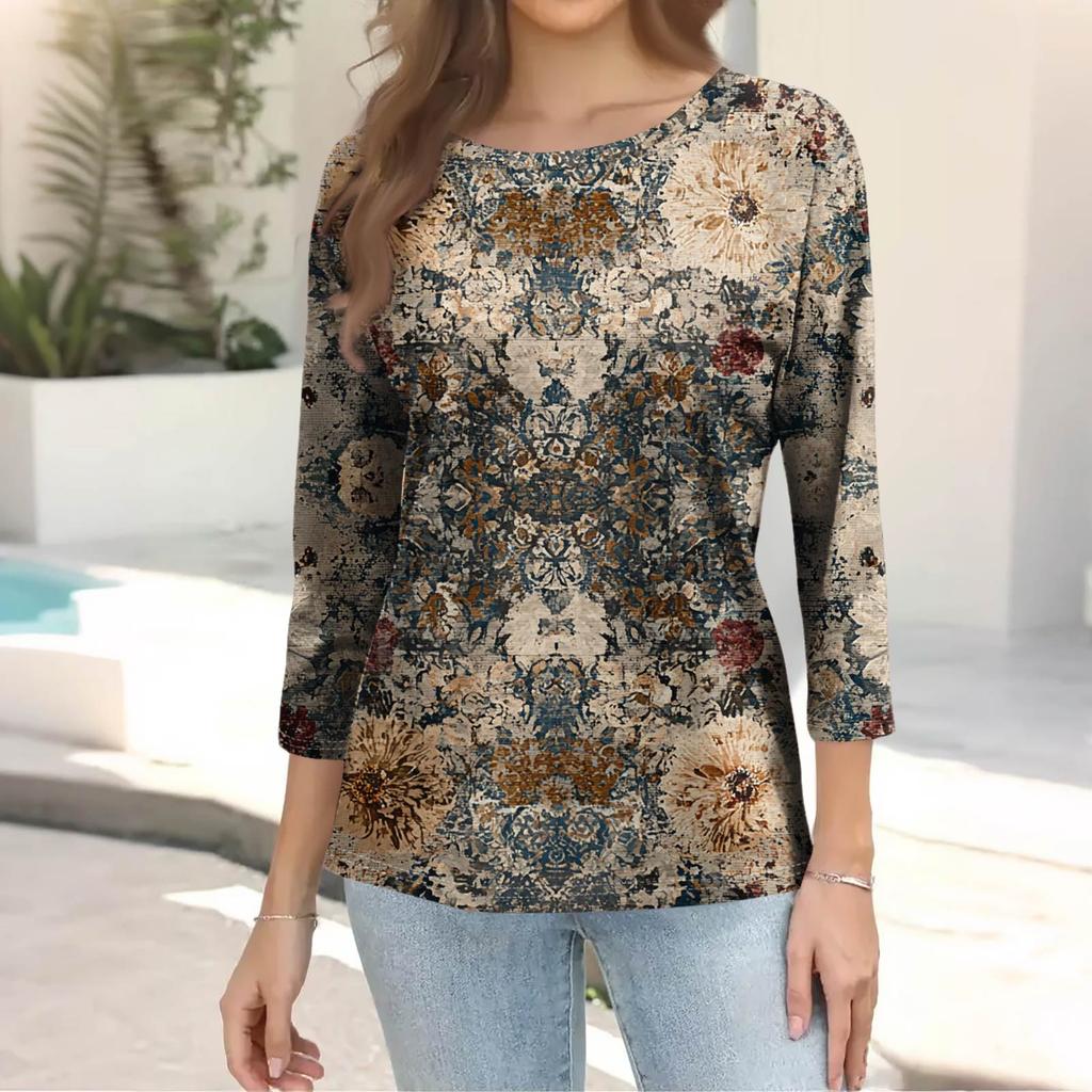 Trendy Vintage 3/4 Sleeve Top For Women,Ladies Casual Three Quarter Sleeve Round Collar Printed T-Shirt Blouse