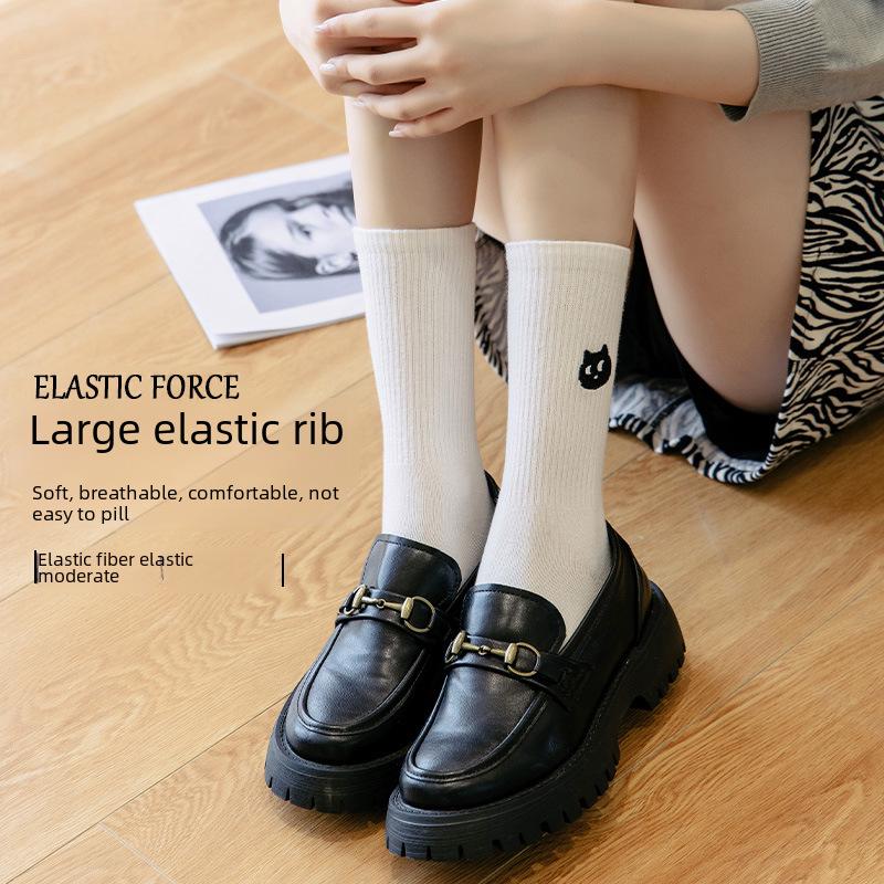 Women's Mid-Tube Cotton Socks - Black & White Japanese Embroidered Design for Autumn/Winter