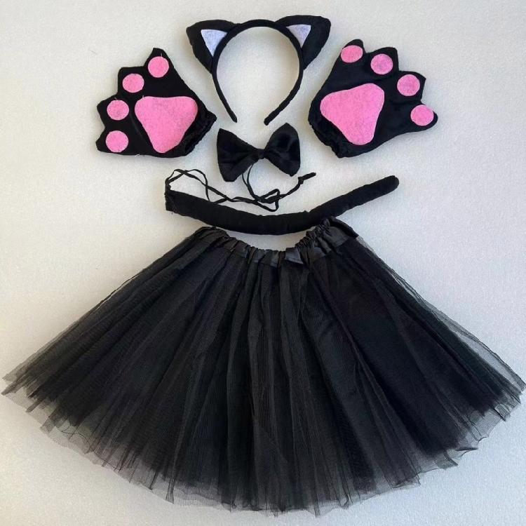 Костюм кошки с повязкой на голову, хвостом, галстуком-бабочкой, перчаткой, юбкой, наряд для переодевания на Хэллоуин для ребенка, женщины, девочки, Рождество