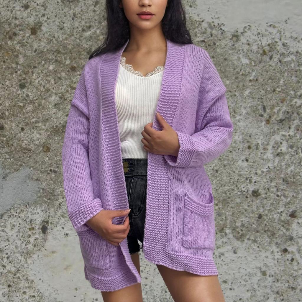 Женская мода вязаный карманный кардиган свитер со свободным пальто