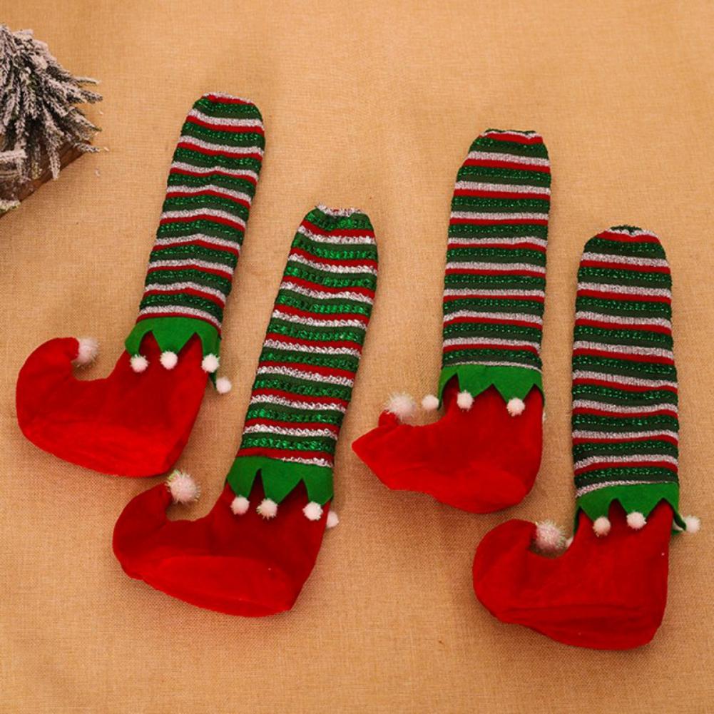 Christmas Chair Decoration Fabric Stripe Elf Table Leg Set Scene Layout Props Red Bottom 4PCS