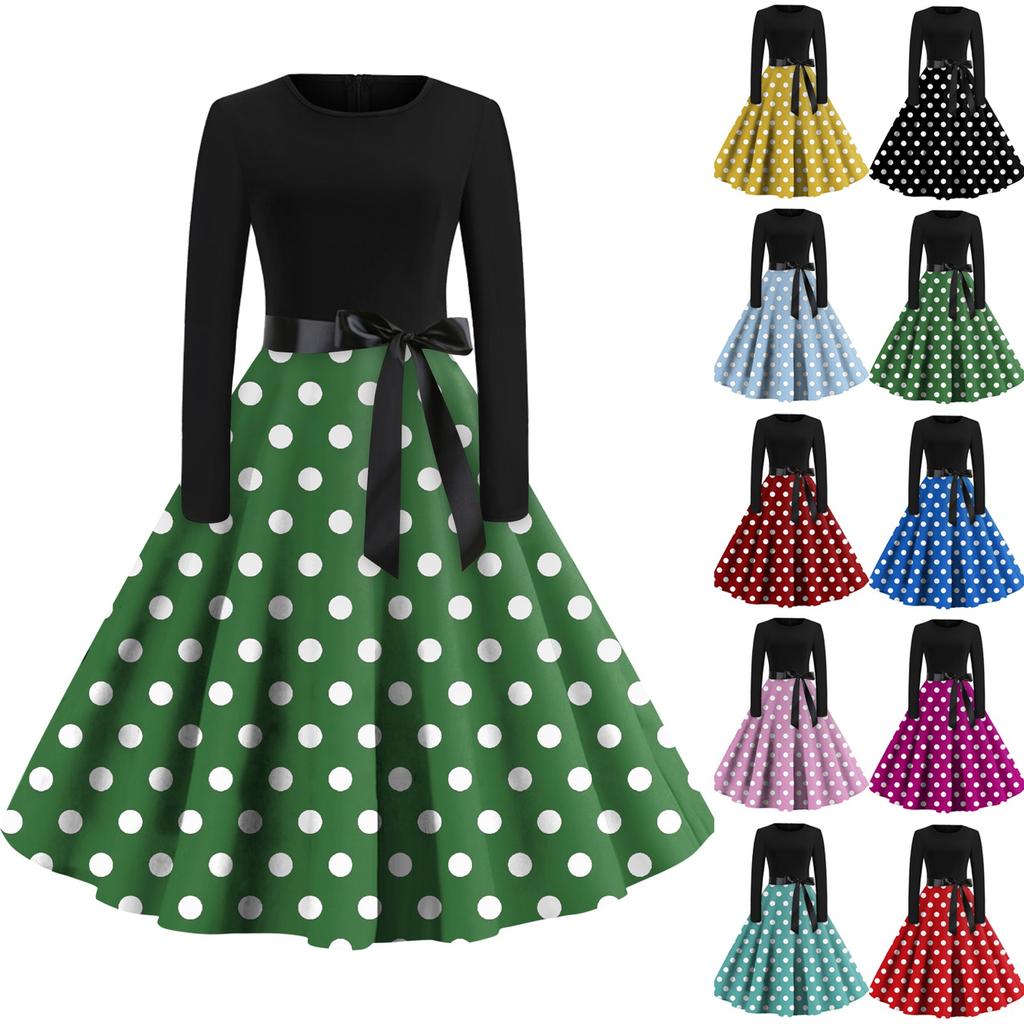 Women's Casual And Fashionable Long Sleeved R-neck Polka DotPrint Dress