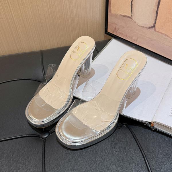 Fashion Female Shoes Ladies' Slippers Platform Transparent Heel Glitter Slides Square Heel Heeled Mules 2025 Jelly Summer Block High