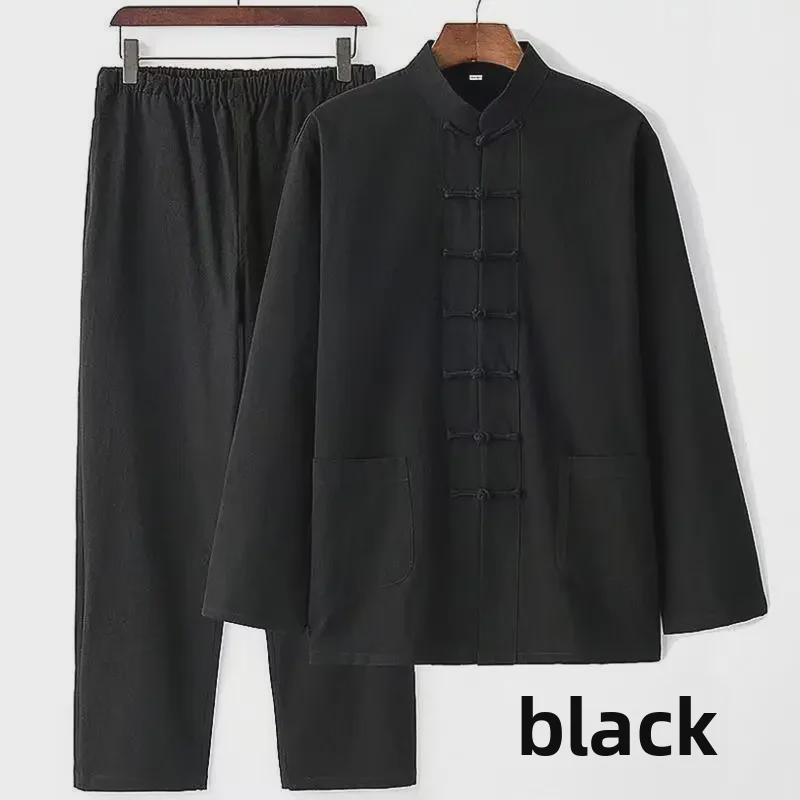 Мужской костюм Тан на весну и осень: Костюм из двух частей в китайском стиле из хлопка и льна с пуговицами