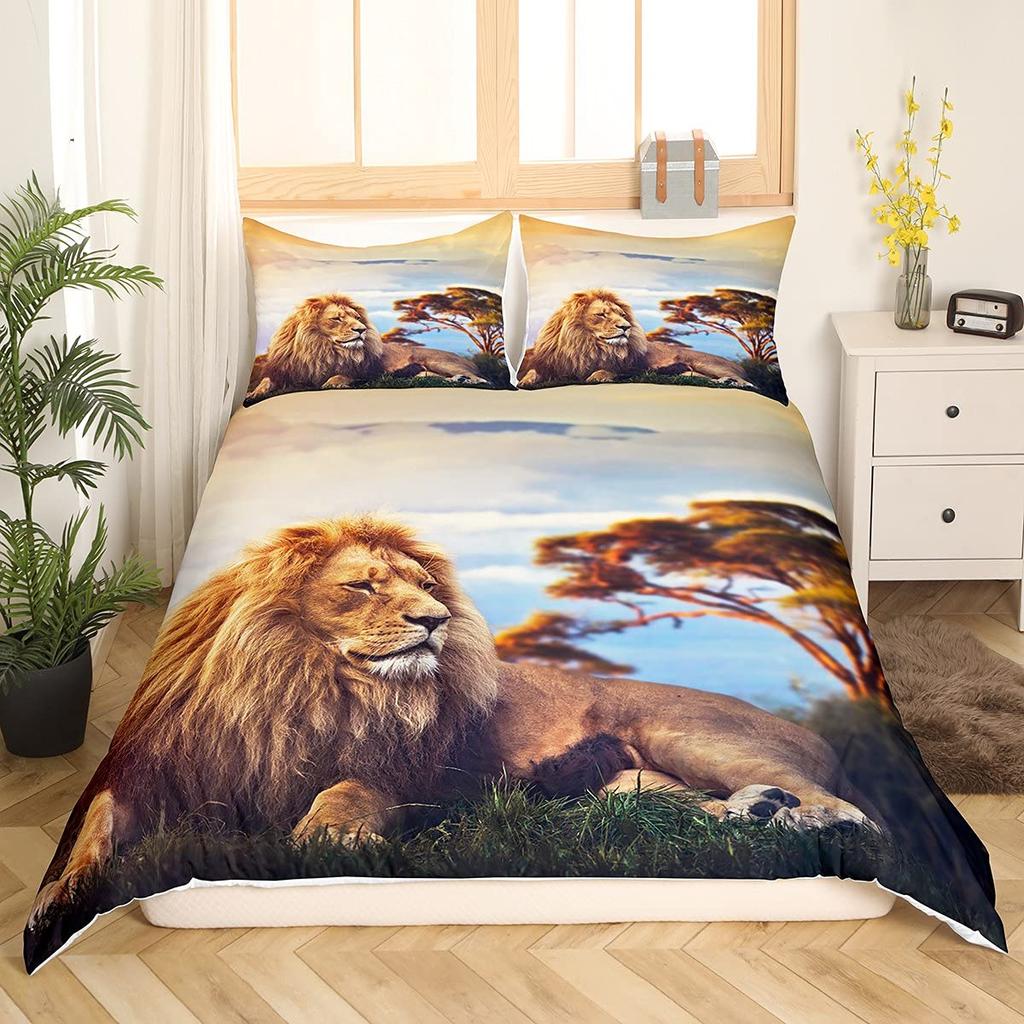 Lion Rose Duvet Cover Sets King Size Animal Floral Print Polyester Comforter Cover Nature Theme Bedding Set for Kids Adult Teens