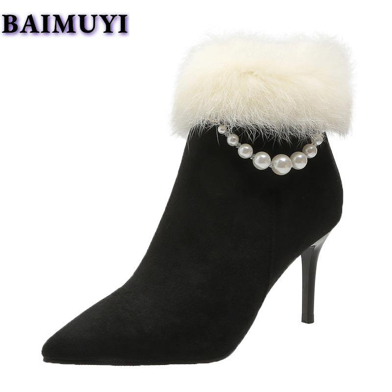 Туфли на высоком каблуке с заостренным носком и цепочкой из бисера, женская обувь, сексуальные меховые ботильоны, тренд 2025 года, новые дизайнерские сапоги на молнии, выпускные туфли-лодочки Mujer Botas