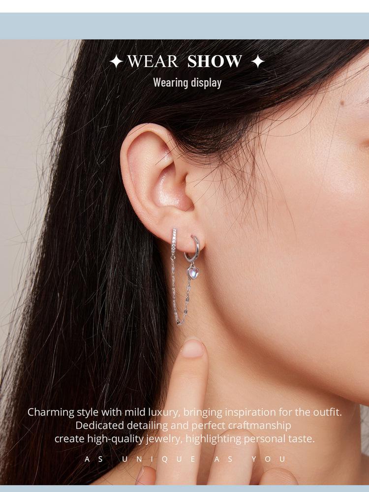 Avle Стерлинговое серебро S925 Цепочка с лунным камнем в форме сердца Двойные серьги-каффы для ушей BSE809