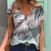 Women's V-neck Short Sleeve T Shirts Retro French Feather Print 3D Tee Shirt