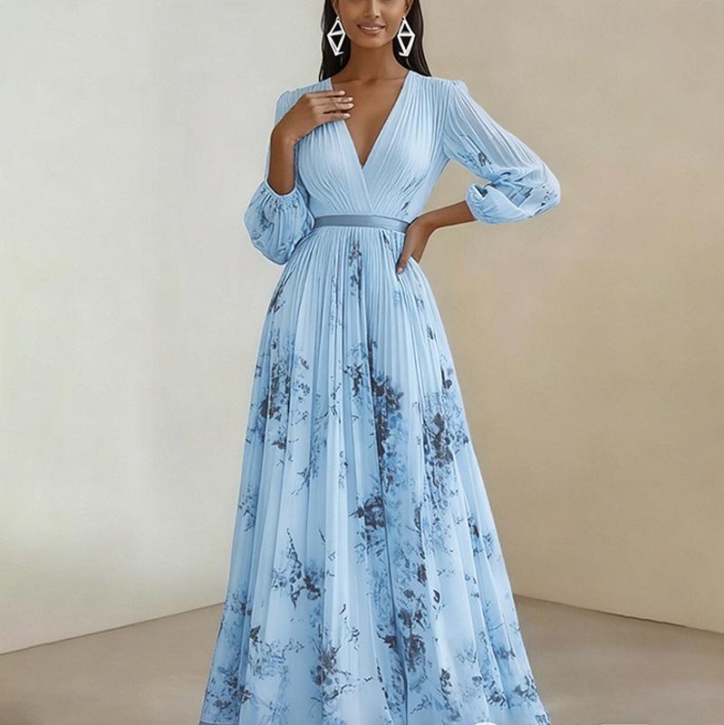Элегантное облегающее платье с V-образным вырезом, плиссировкой и принтом для женщин, весна 2026