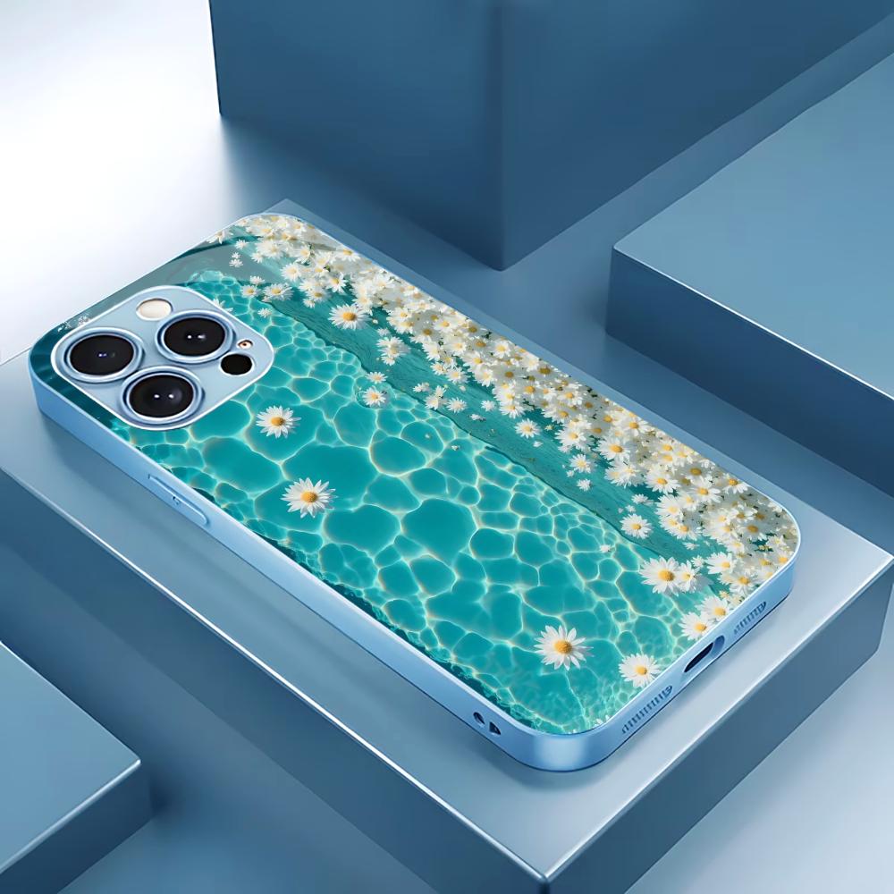 Бирюзовая вода с белыми ромашками для чехла iPhone 17 для coque iphone Чехол fundas Стекло для iPhone 17 16 15 14 13 12pm Pro Plus