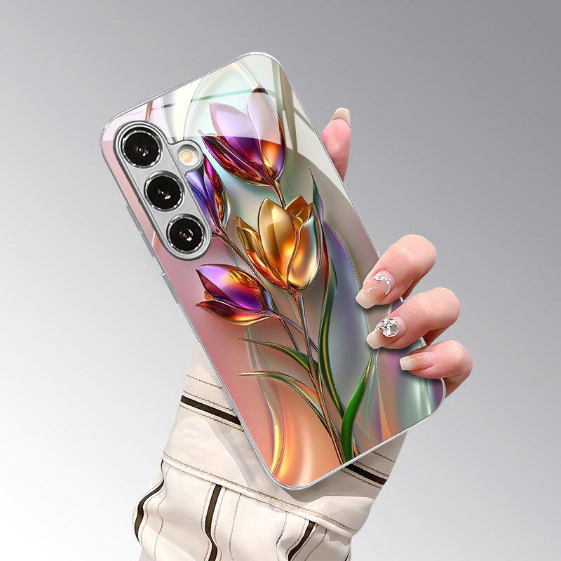 2D чехол для телефона с узором "Тюльпан" для Samsung S26 S25 S24 S23 S22 S21 S20 A56 A36 A16 - Гальванизированная стеклянная защитная крышка