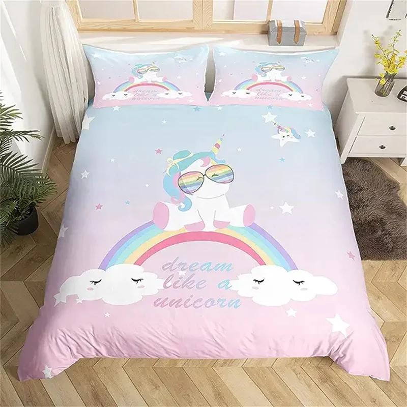Children Cute Unicorn Duvet Cover Cartoon Bedding Set Rainbow Stripes Animals Children Kids Girls Gifts for Bedroom Decorations