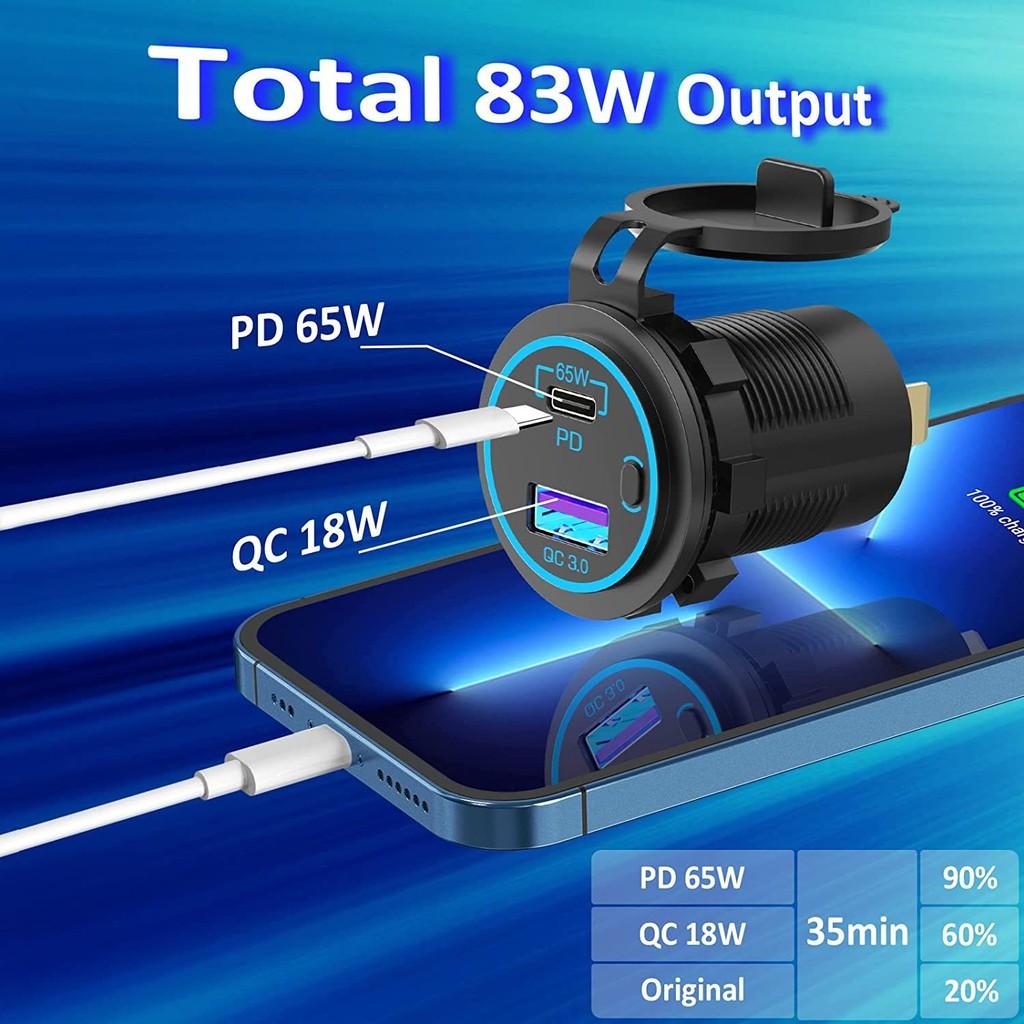 Universal Vehicle USB Charger 12V-24V, 65W PD + QC3.0 Fast Charging Port for Marine, RV, Boat, Motorcycle with LED Display