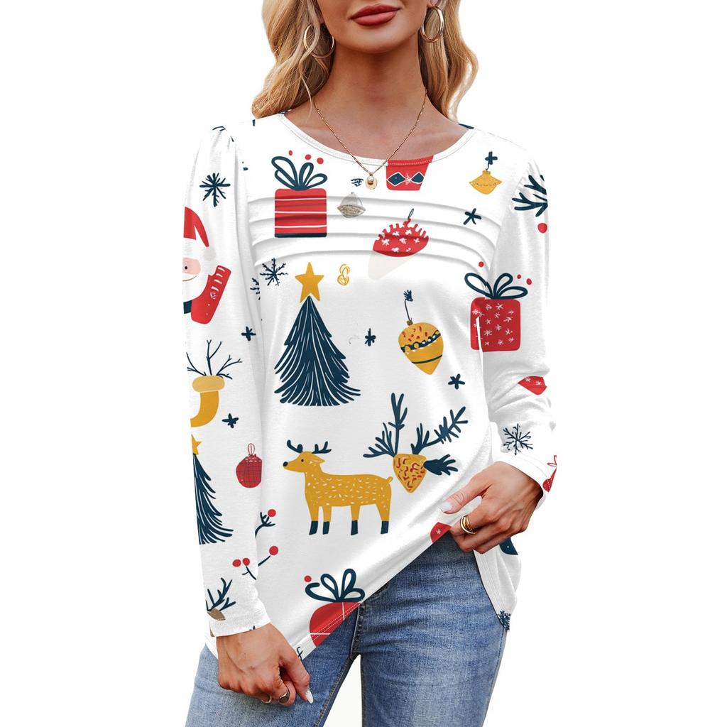 Женская футболка с круглым вырезом и длинными рукавами с принтом рождественской елки и снежинки