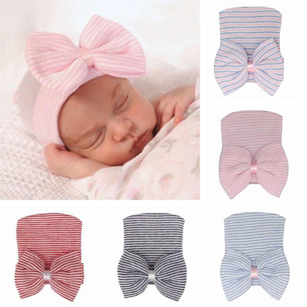 Soft for Baby Girls Stripe Infant Hat Nursery Beanie Newborn Hospital Hat Cap with Bow Baby Hats