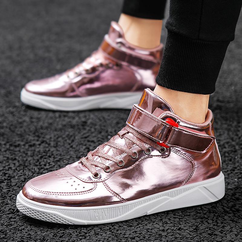 Роскошные золотые мужские туфли, уличные блестящие зеркальные хип-хоп-кроссовки, мужские блестящие дизайнерские туфли, лакированная кожа, высокие мужские повседневные туфли