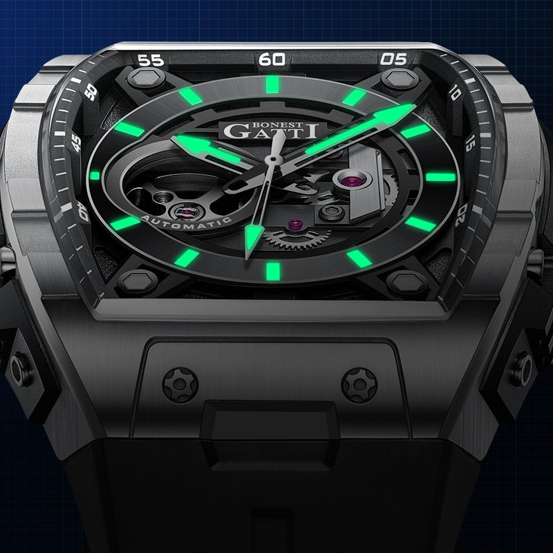 BONEST GATTI Men's Mechanical Watch-Hollow-Out Mechanical Movement Top Brand Original Sapphire Crystal Luminous Watch with Rubbe
