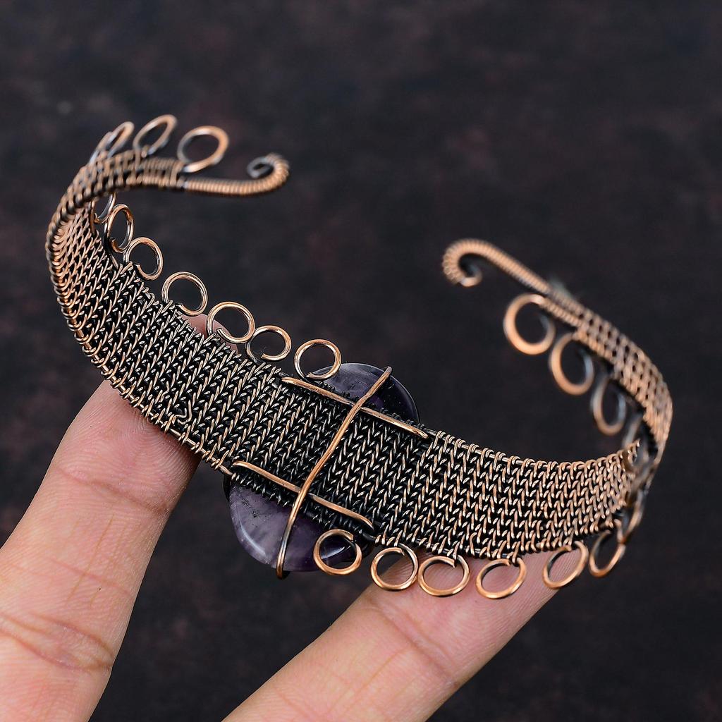 Браслет-манжета со звездным аметистом, браслет из медной проволоки, регулируемый браслет-манжета, драгоценный камень, медные украшения, антикварный браслет ручной работы, подарок для нее