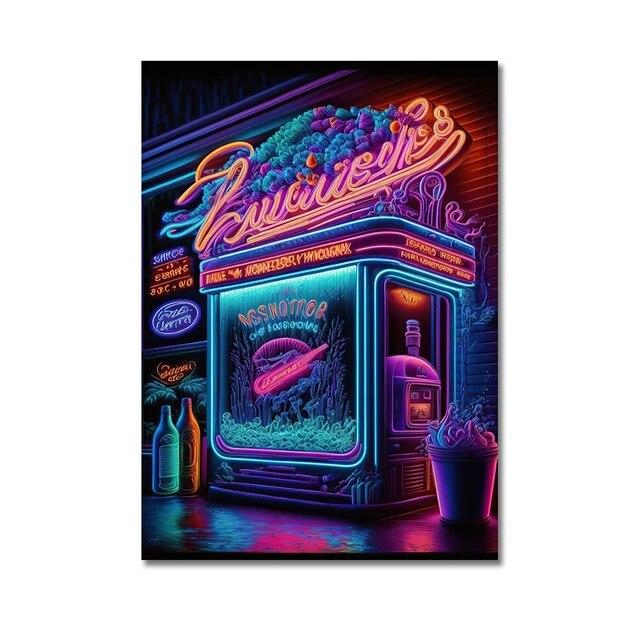 Неоновый арт, пицца, гамбургер, кофе, мороженое, плакат, настенная живопись на холсте, печатные изображения, ресторан быстрого питания, клубный бар, домашний декор без рамки