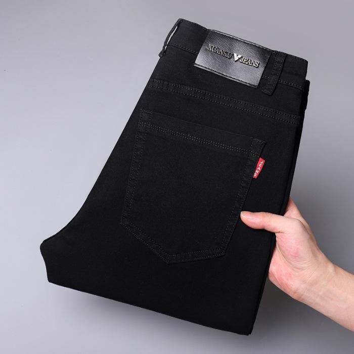 Весенние и осенние черные эластичные джинсы мужские облегающие маленькие прямые брюки качественные большие повседневные мужские брюки