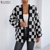 Women Autumn Spring Long Sleeve Plaid Open Front Casual Knitted Sweaters Cardigans