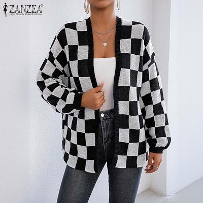Женские осенне-весенние кардиганы с длинным рукавом в клетку с открытой передней частью, повседневные вязаные свитера