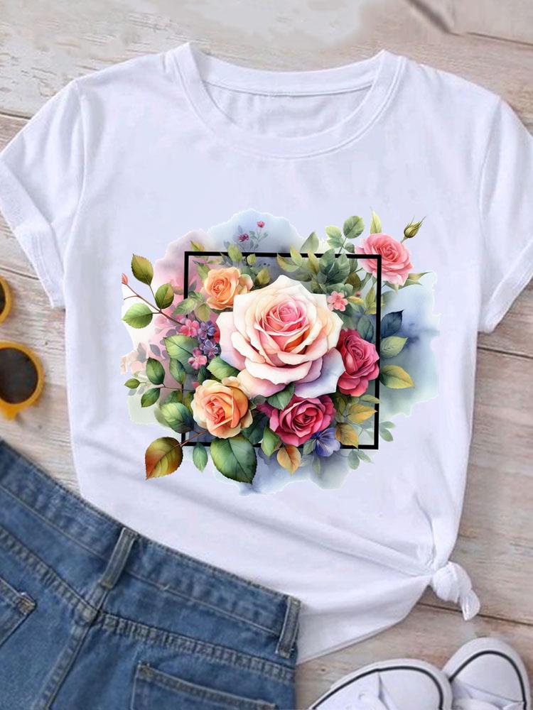(Asian Size) Love Heart Flower Cute Casual O-neck Tee Clothing Top Short Sleeve T Shirt Fashion Print Lady Female Women Graphic T-shirts
