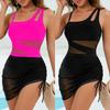 Solid Color Mesh Stitching Drawstring Sexy One-piece Bikini Swimsuit Swimsuit