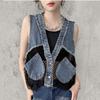Mesh Stitching V-neck Denim Vest Women's Summer Loose Raw Edge Short Sleeveless Vest Jacket