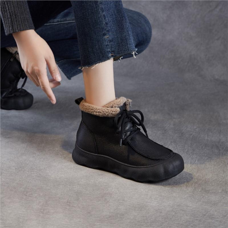 Johnature Retro Genuine Leather Plush Warm Women's Short Boots Soft Soled Round Toe Versatile Cotton Shoes