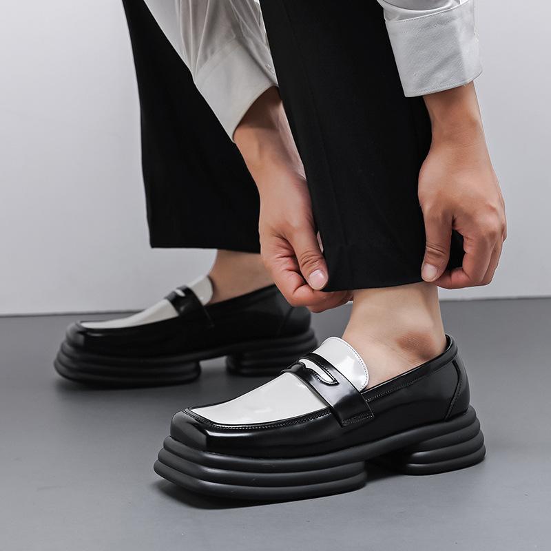 Мужские кожаные туфли с квадратным носком, корейские, в стиле ins, маленькие кожаные туфли, мужские, модные, на педали, повседневные, на платформе, оригинальные туфли дерби