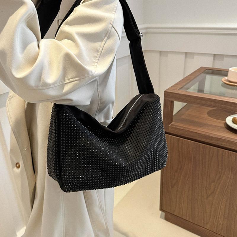 Yogodlns Fashion Rhinestone Shoulder Bag For Women Large Capacity PU Leather Bling Crossbody Messenger Bags Designer Rivets Shopping Bag