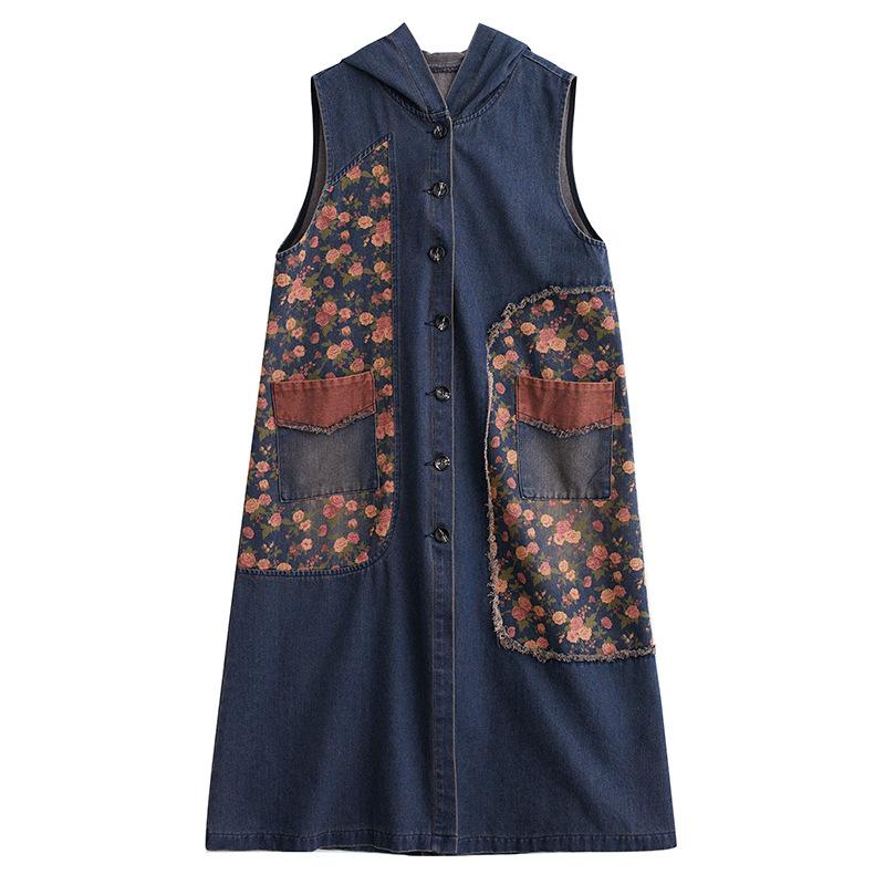 Hooded Long Denim Vest Coat Women's Slim Denim Jacket Retro Style Loose Casual Large Patchwork Pocket Design New Fashion Autumn