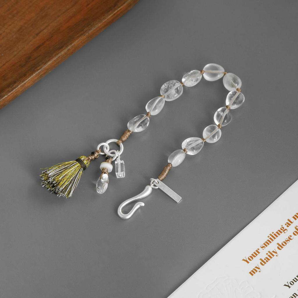 Nomadic Glacier Ethnic Style White Crystal Tassel Bracelet - Retro Design with Braided Rope