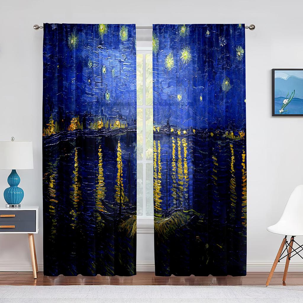 Вуаль «Звездная ночь», занавеска с принтом звезд Ван Гога, художественные декоративные шифоновые тюлевые шторы для гостиной, спальни, кухни, декор