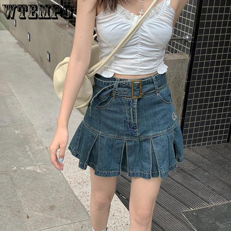 WTEMPO Kawaii Hot Girl Джинсовая юбка Женская плиссированная юбка Y2K Повседневная студенческая стильная тонкая мини-юбка с высокой талией в готическом стиле