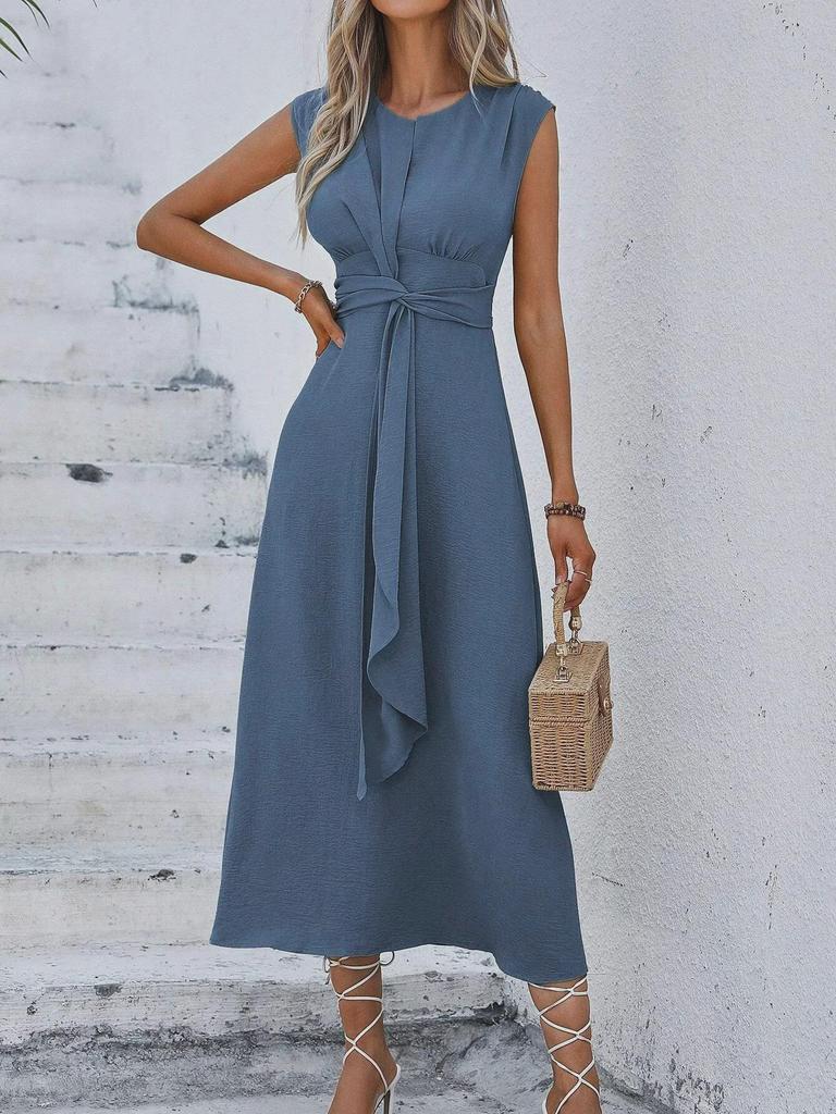 Женское однотонное платье без рукавов с ремешком на талии, лето 2024 г.