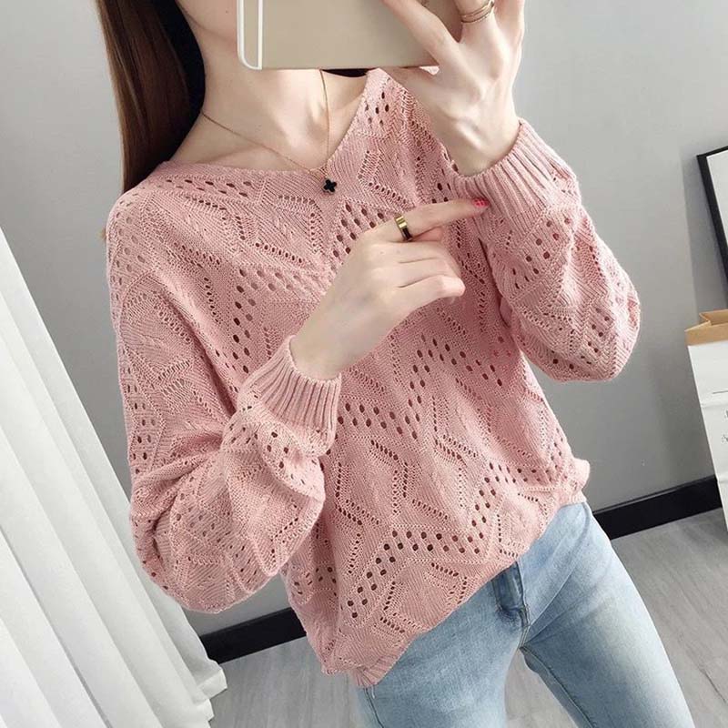 Hollow Knit Sweater Thin Women's Loose Pullover Sweet Outer Bottomed Blouse College Girl Style Hand Knitting
