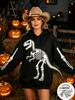 Women Fleece Hoodie Halloween Full Body Skeleton Print Long Sleeve Pullover