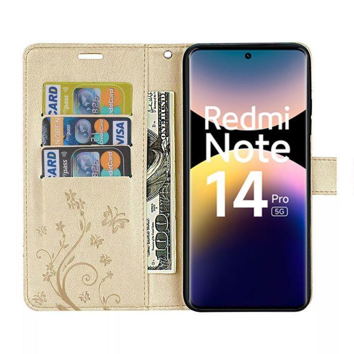 Coque pour Xiaomi Redmi Note 14 Pro 5G (pas pour 4G) Protection Cuir Synthétique Antichoc Doré Motif Papillon Fleurs